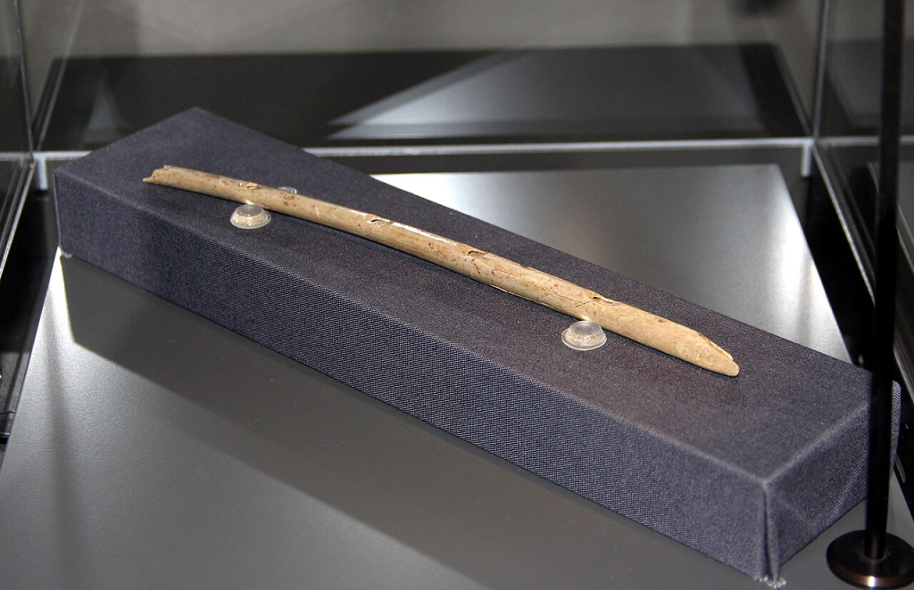 Flute with jagged ends sits on a low gray pedestal inside a display case.