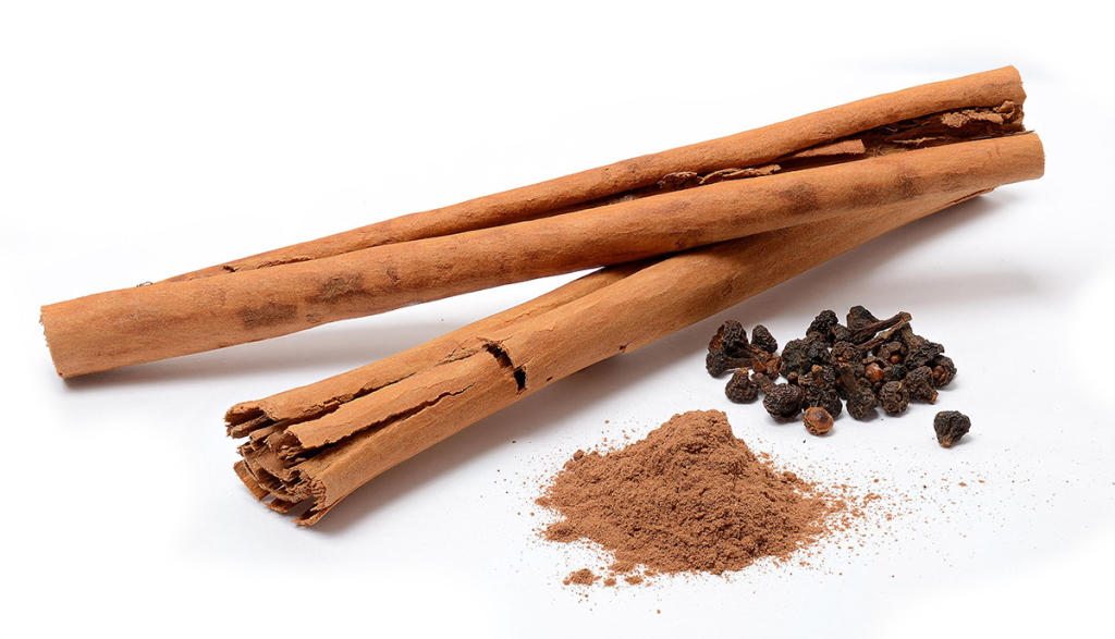 Cinnamon: sticks (ceylon cinnamon from Sri Lanka), powder, and flowers on a white background