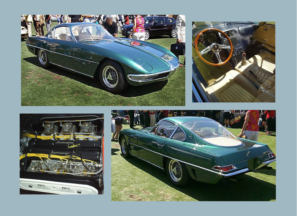 Multiple views of a green sportscar's exterior, interior, and engine.
