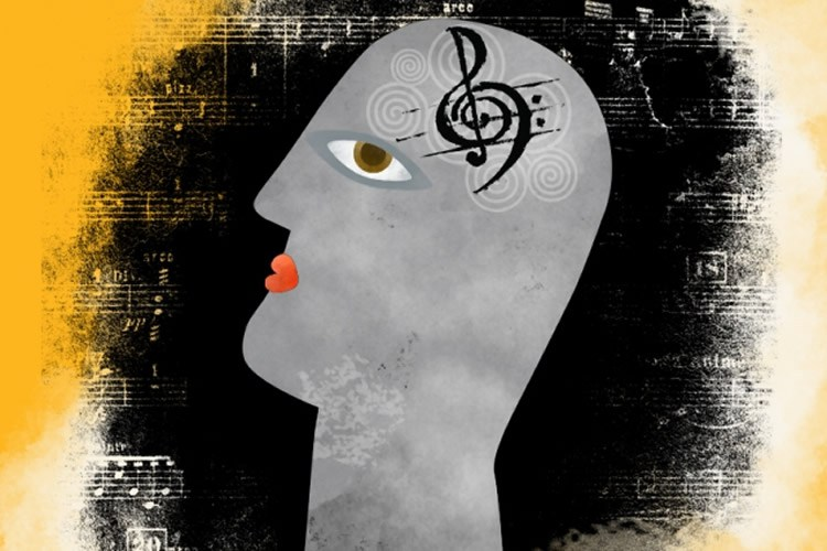 A profile drawing of a person's head in gray, against a black, yellow, and white background with lines of sheet music. A large musical note and white swirls are drawn in the area of the brain.