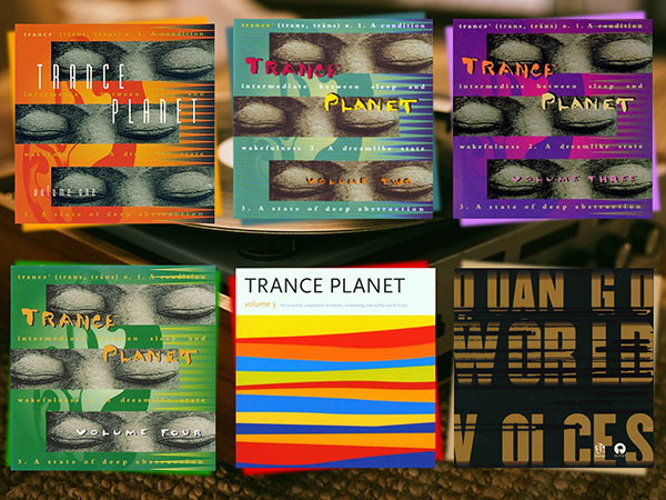 Six colorful album covers laid out in two rows of three images. The background image behind is of a record player with vinyl ready to spin